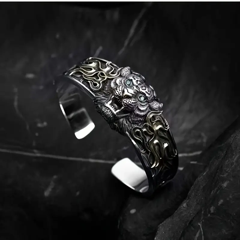 RARE PRINCE by CARAT SUTRA | Unique 925 Silver Oxidized Tiger Cuff Bracelet with Blue Eyes | Bracelet for Men | 925 Sterling Silver Cuff | Men's Jewelry | With Certificate of Authenticity and 925 Hallmark