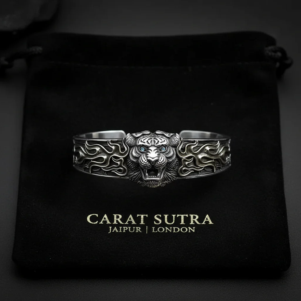 RARE PRINCE by CARAT SUTRA | Unique 925 Silver Oxidized Tiger Cuff Bracelet with Blue Eyes | Bracelet for Men | 925 Sterling Silver Cuff | Men's Jewelry | With Certificate of Authenticity and 925 Hallmark - Image 2