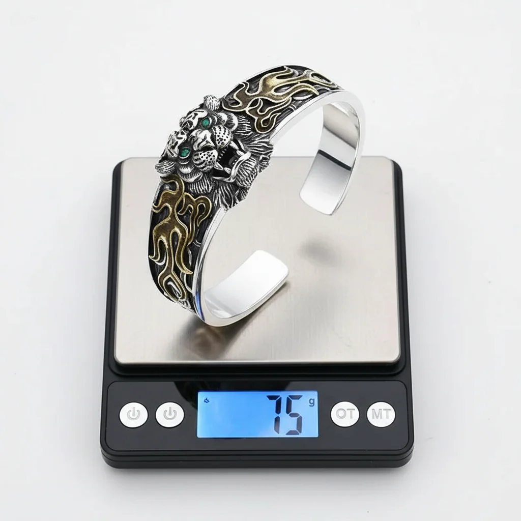 RARE PRINCE by CARAT SUTRA | Unique 925 Silver Oxidized Tiger Cuff Bracelet with Blue Eyes | Bracelet for Men | 925 Sterling Silver Cuff | Men's Jewelry | With Certificate of Authenticity and 925 Hallmark - Image 6