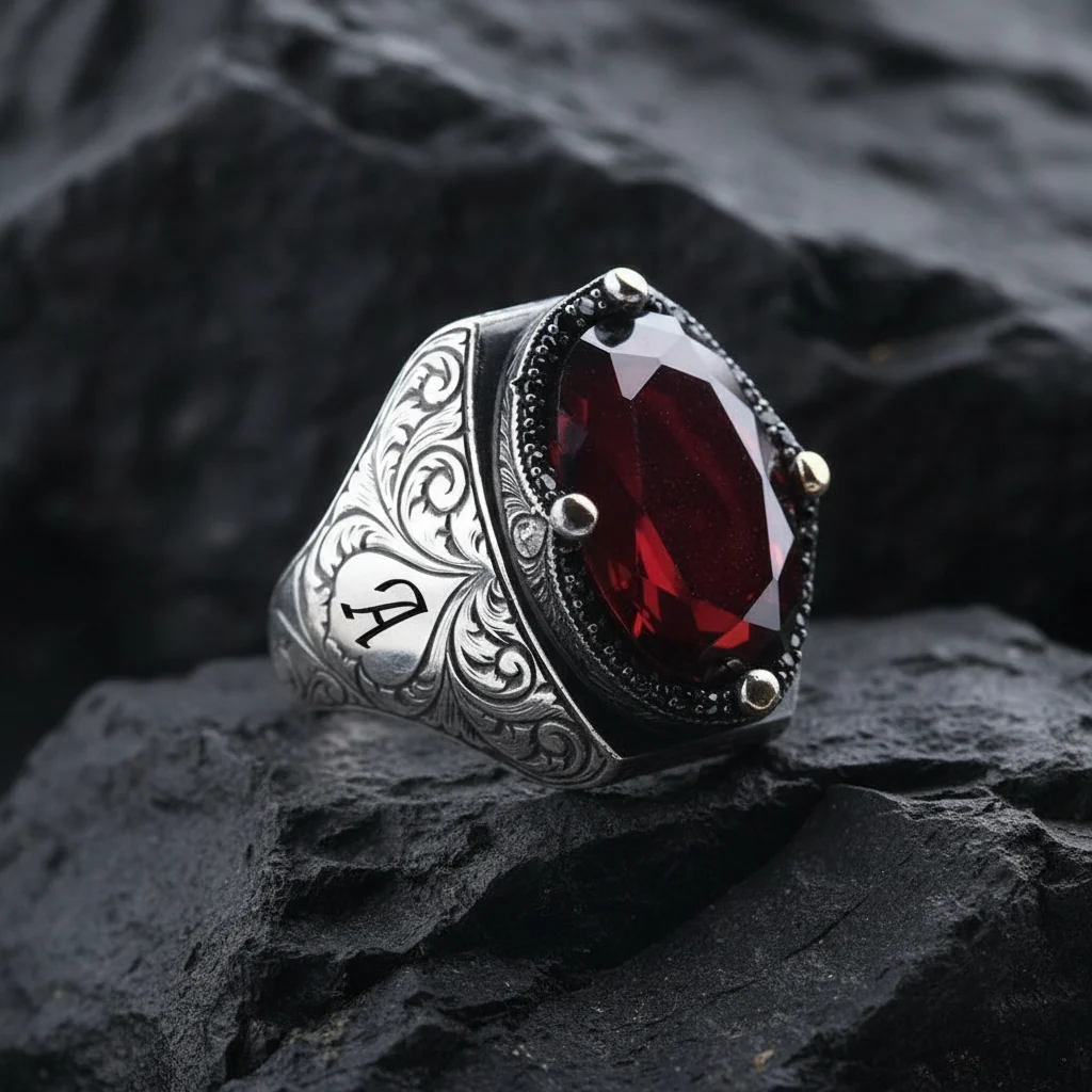 RARE PRINCE by CARAT SUTRA | Unique Custom Name Style Ring with Natural Gomed | 925 Sterling Silver Oxidized Ring | Men's Jewelry | With Certificate of Authenticity and 925 Hallmark - Image 4