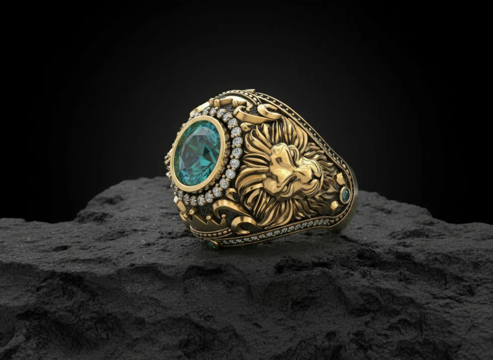 RARE PRINCE by CARAT SUTRA | Unique Designed 22k Gold plated Double Faced Lion Ring with Green Zircon Stone | 925 Sterling Silver Oxidized Ring | Men's Jewelry | With Certificate of Authenticity and 925 Hallmark