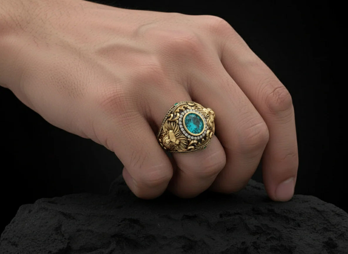 RARE PRINCE by CARAT SUTRA | Unique Designed 22k Gold plated Double Faced Lion Ring with Green Zircon Stone | 925 Sterling Silver Oxidized Ring | Men's Jewelry | With Certificate of Authenticity and 925 Hallmark - Image 2
