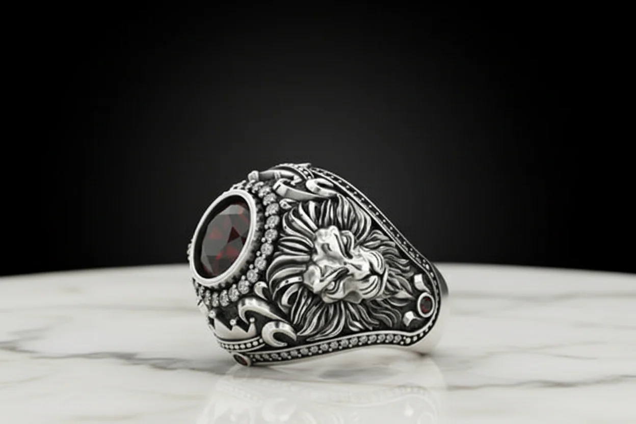 RARE PRINCE by CARAT SUTRA | Unique Designed Double Faced Lion Ring with Red Zircon Stone | 925 Sterling Silver Oxidized Ring | Men's Jewelry | With Certificate of Authenticity and 925 Hallmark
