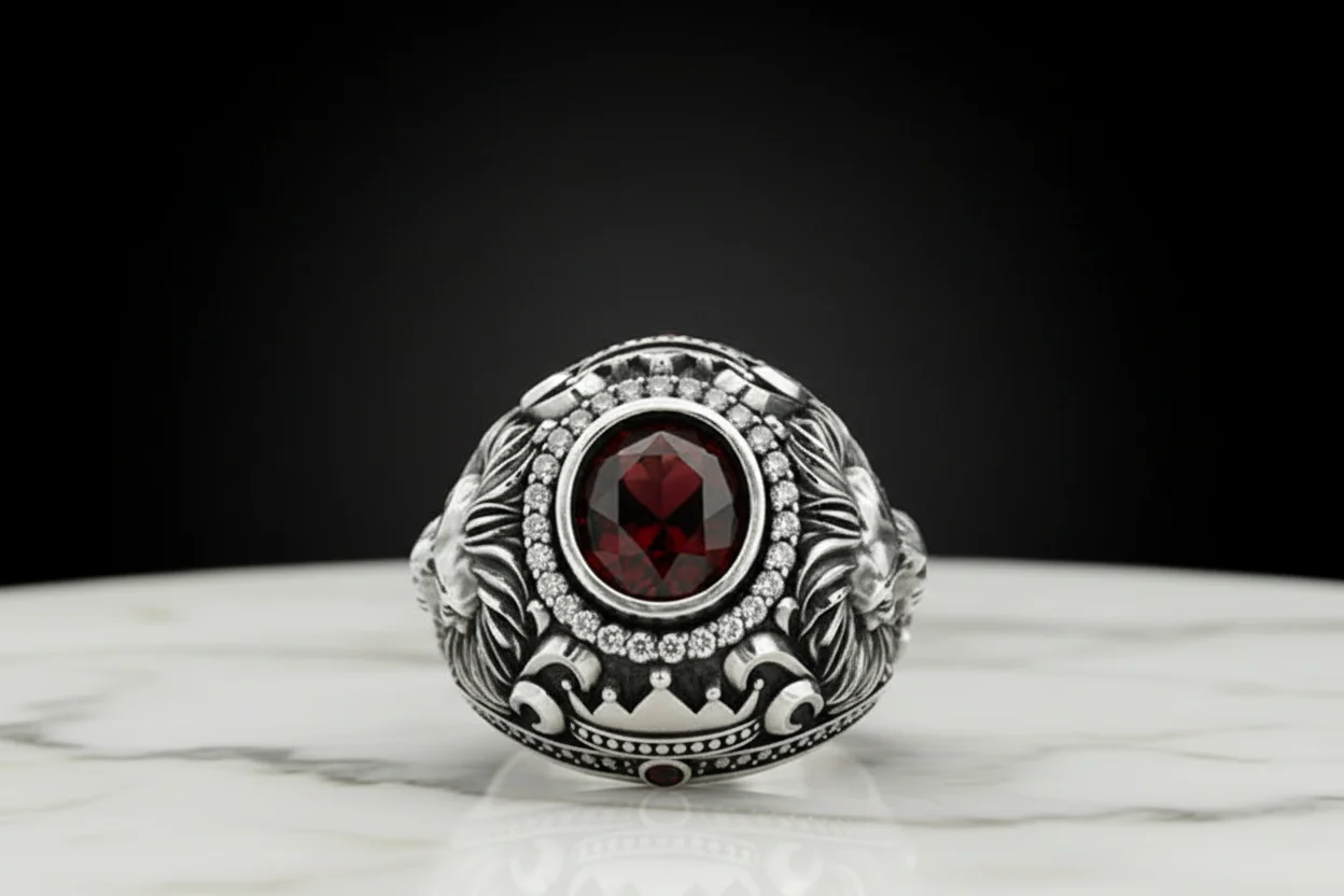 RARE PRINCE by CARAT SUTRA | Unique Designed Double Faced Lion Ring with Red Zircon Stone | 925 Sterling Silver Oxidized Ring | Men's Jewelry | With Certificate of Authenticity and 925 Hallmark - Image 2