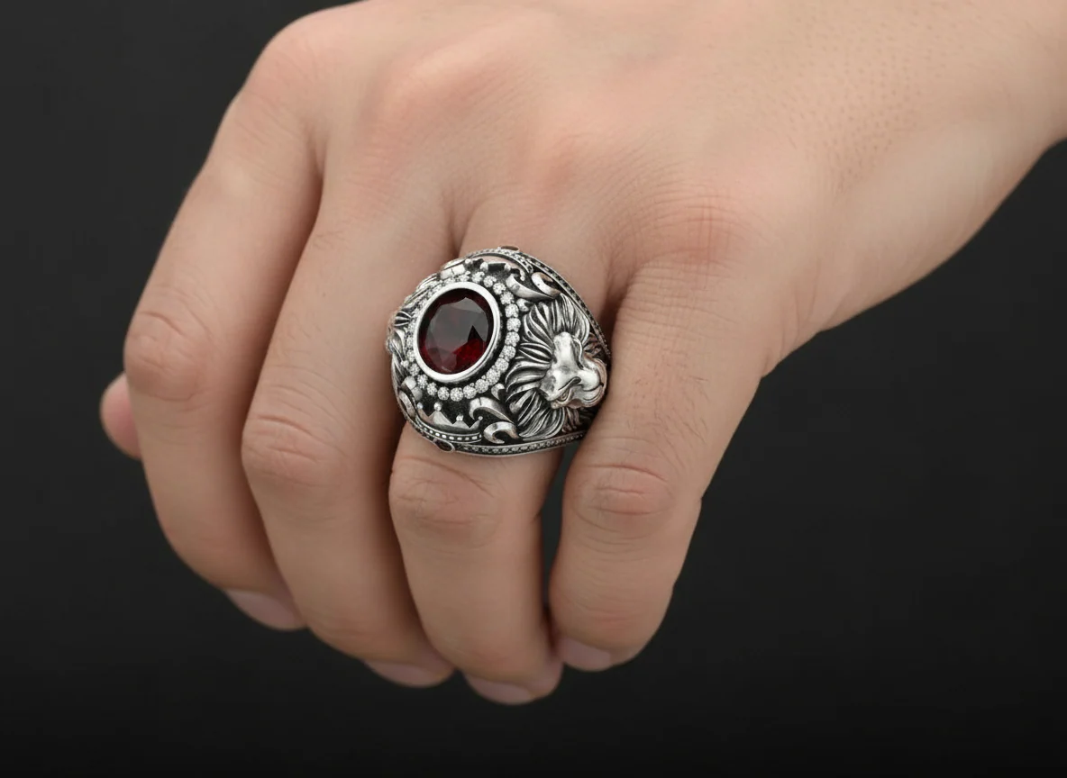 RARE PRINCE by CARAT SUTRA | Unique Designed Double Faced Lion Ring with Red Zircon Stone | 925 Sterling Silver Oxidized Ring | Men's Jewelry | With Certificate of Authenticity and 925 Hallmark - Image 3