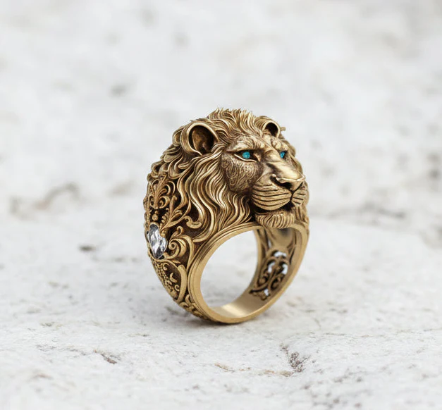 RARE PRINCE by CARAT SUTRA | Unique Designed 22k Gold Plated 3D Lion face Ring with Blue Eyes | 925 Sterling Silver Oxidized Ring | Men's Jewelry | With Certificate of Authenticity and 925 Hallmark