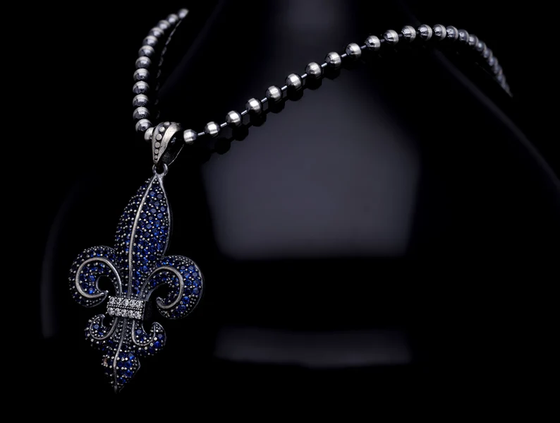 RARE PRINCE by CARAT SUTRA | Unique Designed Fleur-De-Lis Pendant Studded with Blue Zircons for Men | 925 Sterling Silver Oxidized Pendant | Men's Jewelry | With Certificate of Authenticity and 925 Hallmark - Image 3