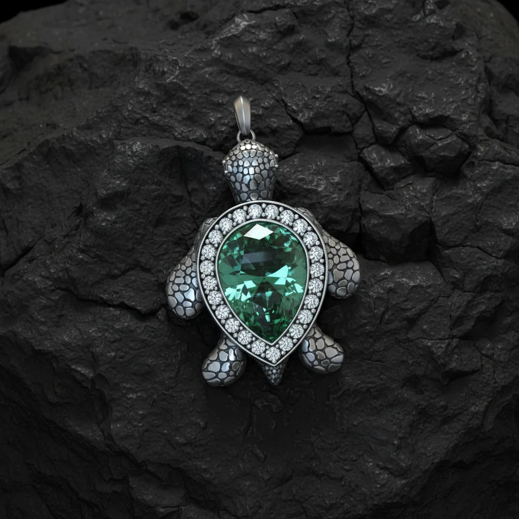 RARE PRINCE by CARAT SUTRA | Unique Designed Turtle Pendant with green onyx stone | 925 Sterling Silver Oxidized Pendant | With Certificate of Authenticity and 925 Hallmark