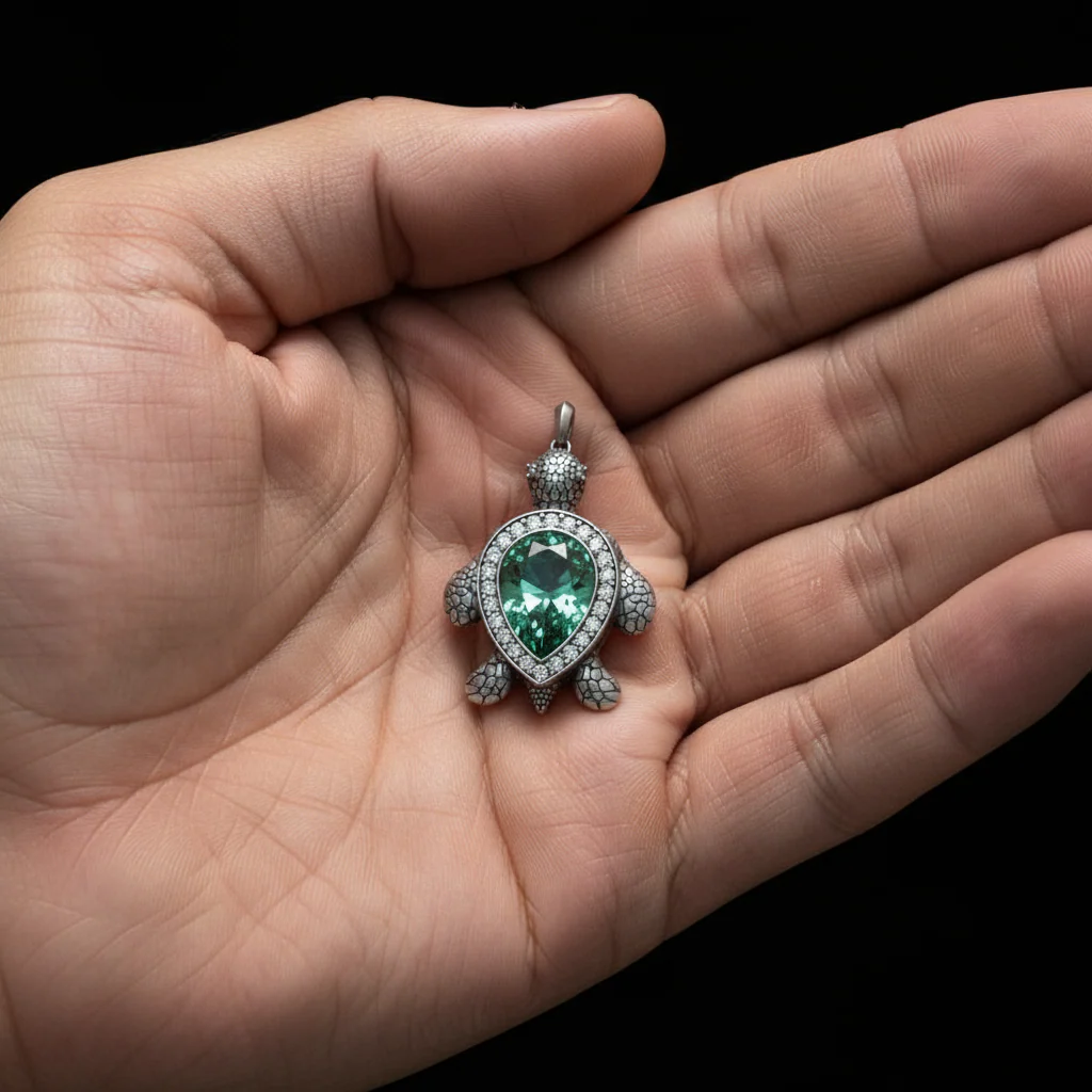 RARE PRINCE by CARAT SUTRA | Unique Designed Turtle Pendant with green onyx stone | 925 Sterling Silver Oxidized Pendant | With Certificate of Authenticity and 925 Hallmark - Image 2