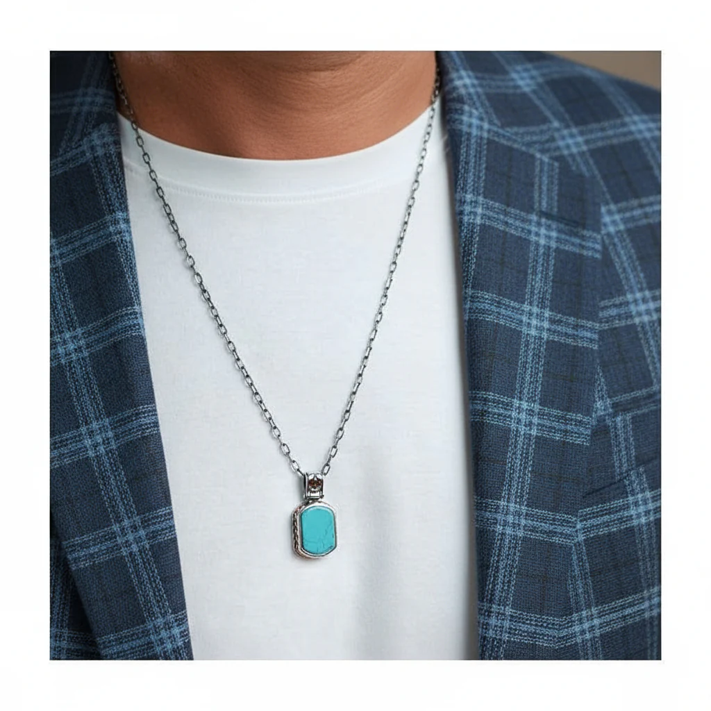Fluer-de-Lis Designed Silver Pendant in 15ct Natural Turquoise, 925 Sterling Silver Pendant | With Certificate of Authenticity and 925 Hallmark - Image 2