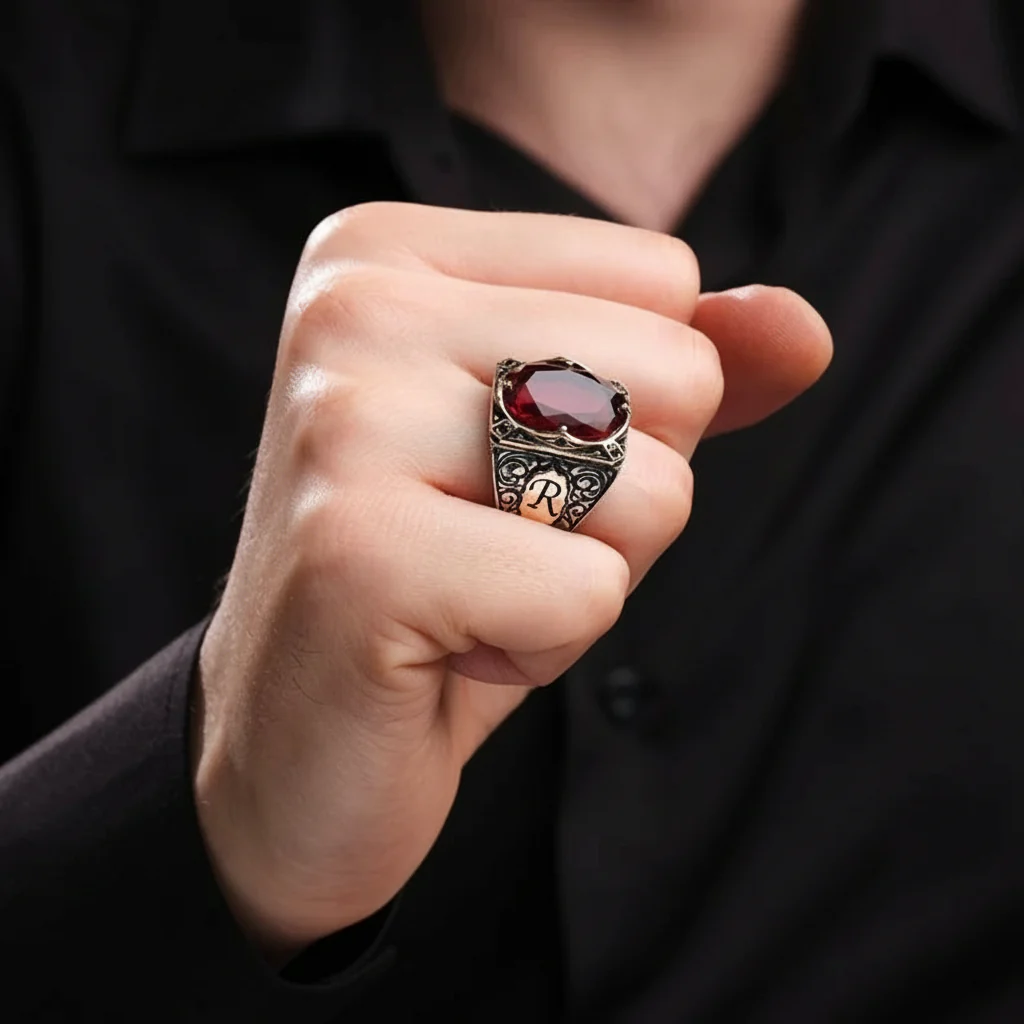 RARE PRINCE by CARAT SUTRA | Unique Designed Ring with Custom Name Initiall, Studded Natural  with Hessonite Stone (Gomed) With Certificate of Authenticity and 925 Hallmark - Image 2