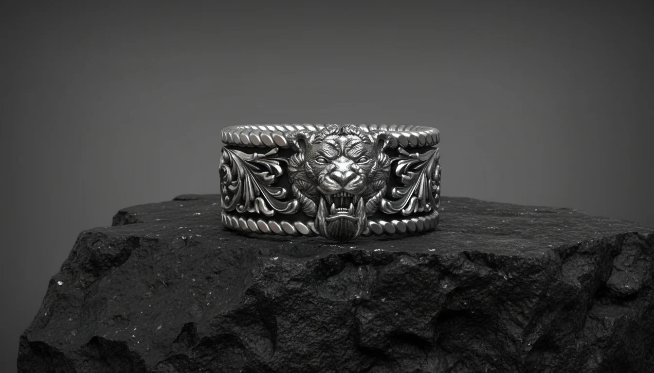 RARE PRINCE by CARAT SUTRA | Unique Designed Solid 3D Tiger Face Band Ring | 925 Sterling Silver Oxidized Ring | Men's Jewelry | With Certificate of Authenticity and 925 Hallmark