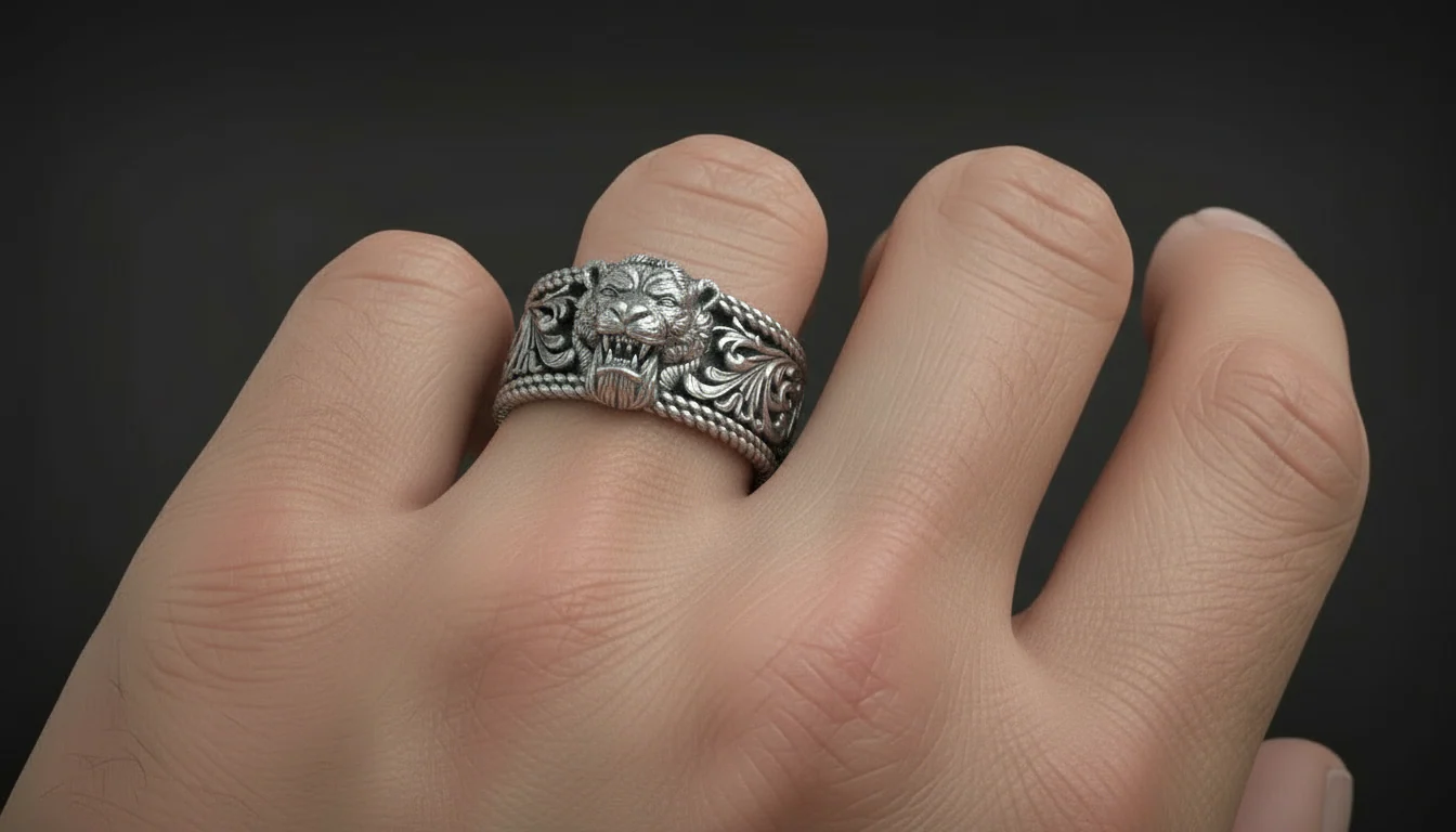 RARE PRINCE by CARAT SUTRA | Unique Designed Solid 3D Tiger Face Band Ring | 925 Sterling Silver Oxidized Ring | Men's Jewelry | With Certificate of Authenticity and 925 Hallmark - Image 2
