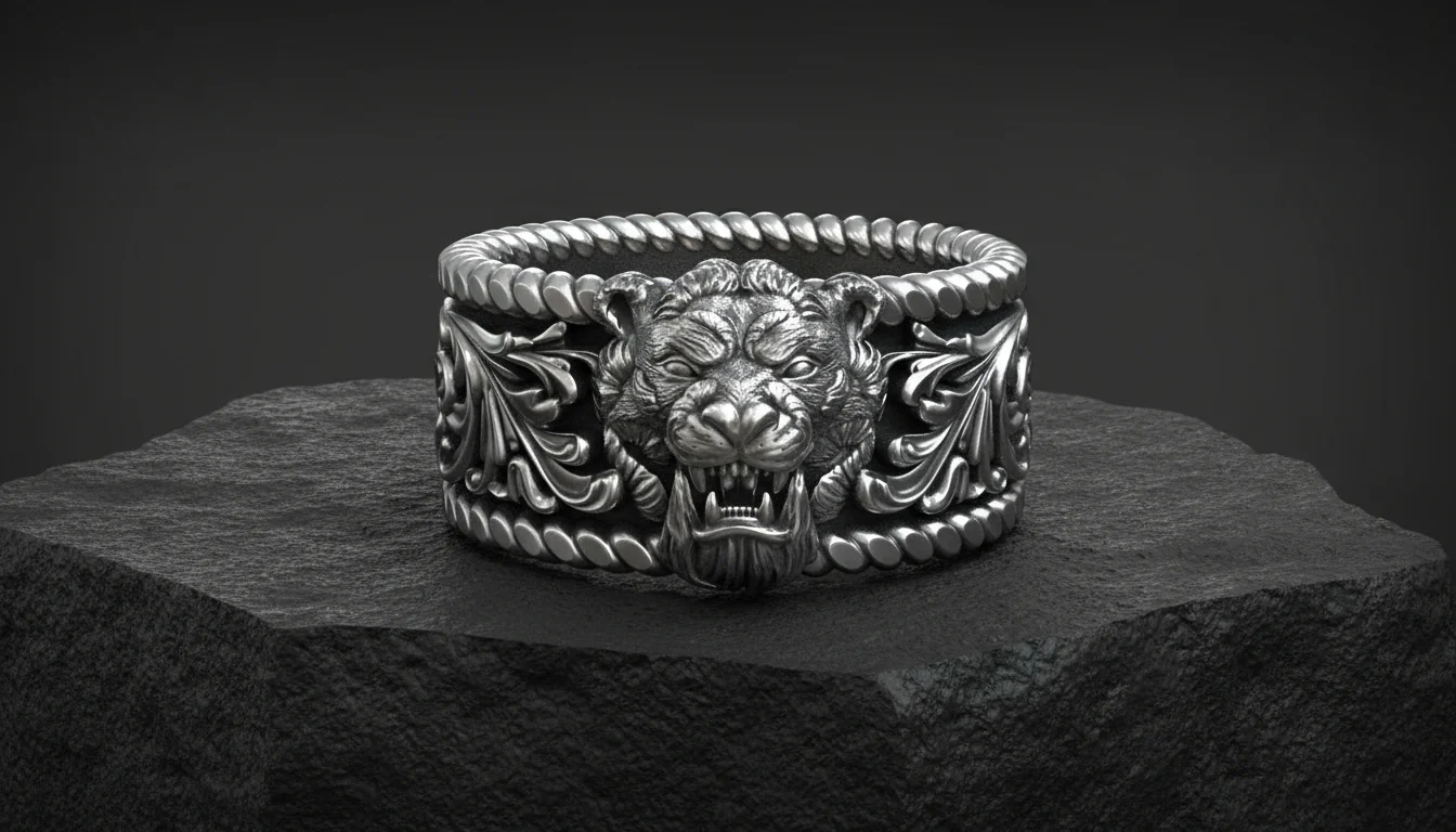 RARE PRINCE by CARAT SUTRA | Unique Designed Solid 3D Tiger Face Band Ring | 925 Sterling Silver Oxidized Ring | Men's Jewelry | With Certificate of Authenticity and 925 Hallmark - Image 3