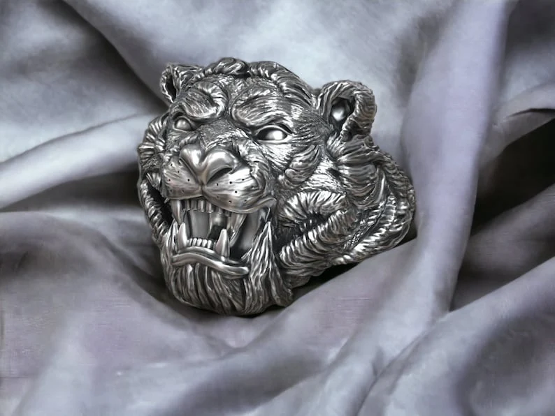 RARE PRINCE by CARAT SUTRA | Unique Designed Solid Ferocious 3D Tiger Face Ring | 925 Sterling Silver Oxidized Ring | Men's Jewelry | With Certificate of Authenticity and 925 Hallmark - Image 3