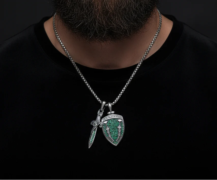 RARE PRINCE by CARAT SUTRA | Unique Designed Sword & Shield Silver Pendant With Green Zirconia Stone for Men | 925 Sterling Silver Oxidized Pendant | Men's Jewelry | With Certificate of Authenticity and 925 Hallmark - Image 2
