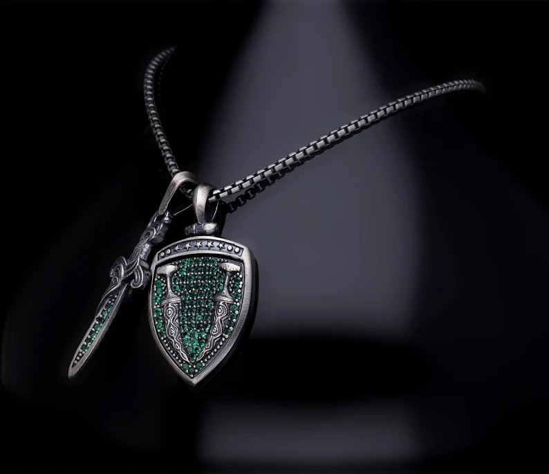 RARE PRINCE by CARAT SUTRA | Unique Designed Sword & Shield Silver Pendant With Green Zirconia Stone for Men | 925 Sterling Silver Oxidized Pendant | Men's Jewelry | With Certificate of Authenticity and 925 Hallmark - Image 3