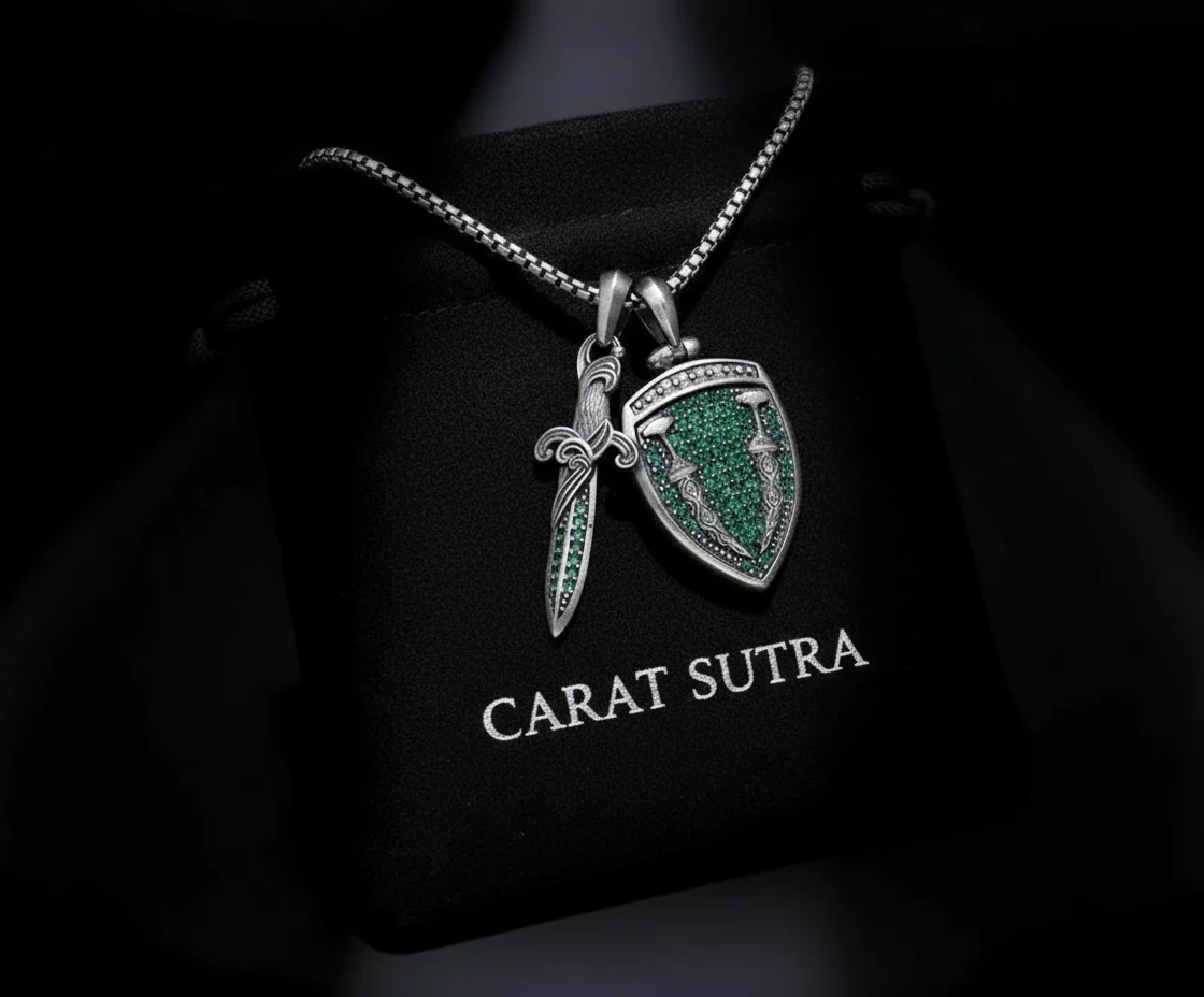 RARE PRINCE by CARAT SUTRA | Unique Designed Sword & Shield Silver Pendant With Green Zirconia Stone for Men | 925 Sterling Silver Oxidized Pendant | Men's Jewelry | With Certificate of Authenticity and 925 Hallmark - Image 4