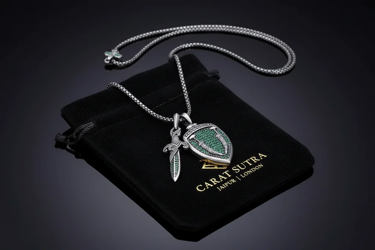RARE PRINCE by CARAT SUTRA | Unique Designed Sword & Shield Silver Pendant With Green Zirconia Stone for Men | 925 Sterling Silver Oxidized Pendant | Men's Jewelry | With Certificate of Authenticity and 925 Hallmark - Image 5