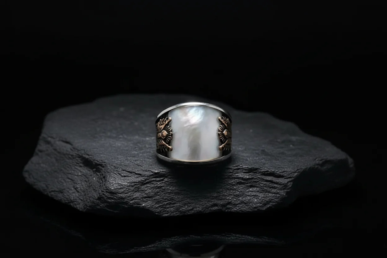 Unique Designed Turkish Style Curved Ring with Mother Of Pearl | 925 Sterling Silver Ring |With Certificate of Authenticity and 925 Hallmark