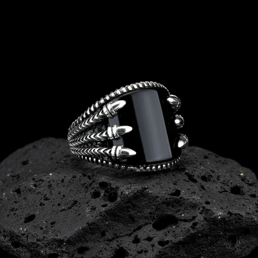 RARE PRINCE by CARAT SUTRA | Unique Designed Turkish Style Curved Ring with Natural Black Onyx | 925 Sterling Silver Ring | Men's Jewelry | With Certificate of Authenticity and 925 Hallmark