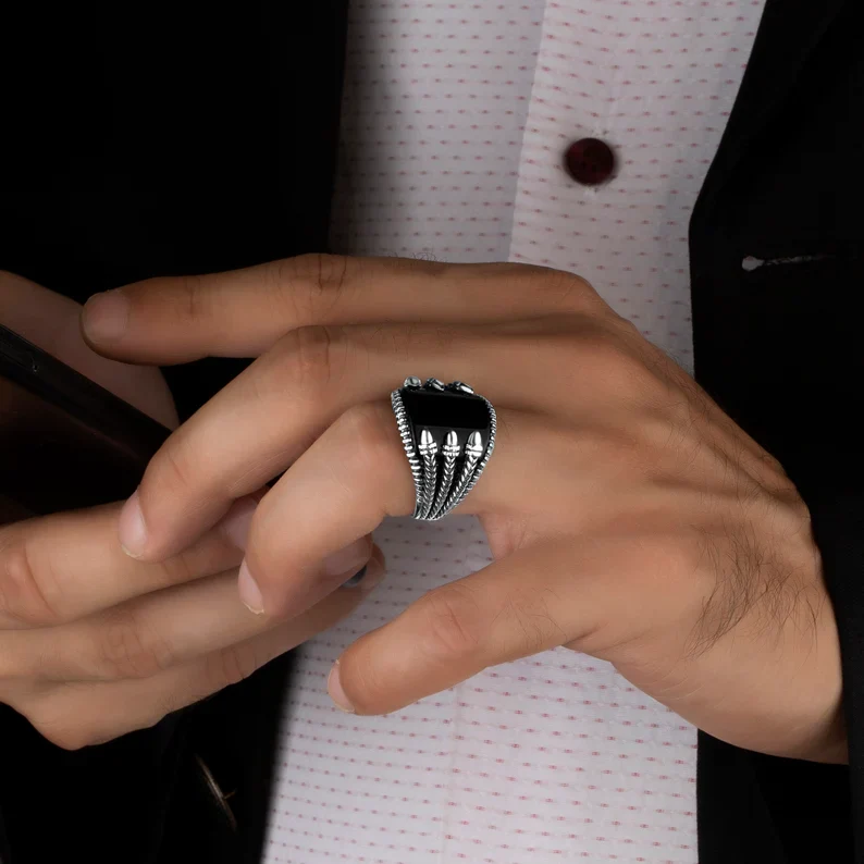 RARE PRINCE by CARAT SUTRA | Unique Designed Turkish Style Curved Ring with Natural Black Onyx | 925 Sterling Silver Ring | Men's Jewelry | With Certificate of Authenticity and 925 Hallmark - Image 2