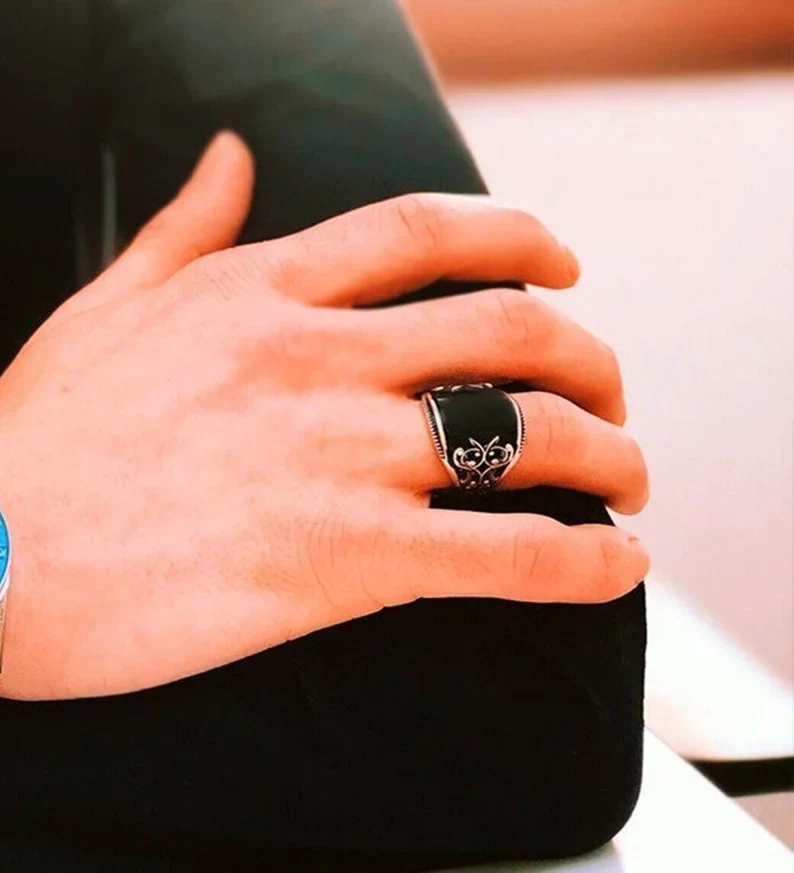 RARE PRINCE by CARAT SUTRA | Unique Designed Turkish Style Curved Ring with Natural Black Onyx | 925 Sterling Silver Ring | Men's Jewelry | With Certificate of Authenticity and 925 Hallmark - Image 2