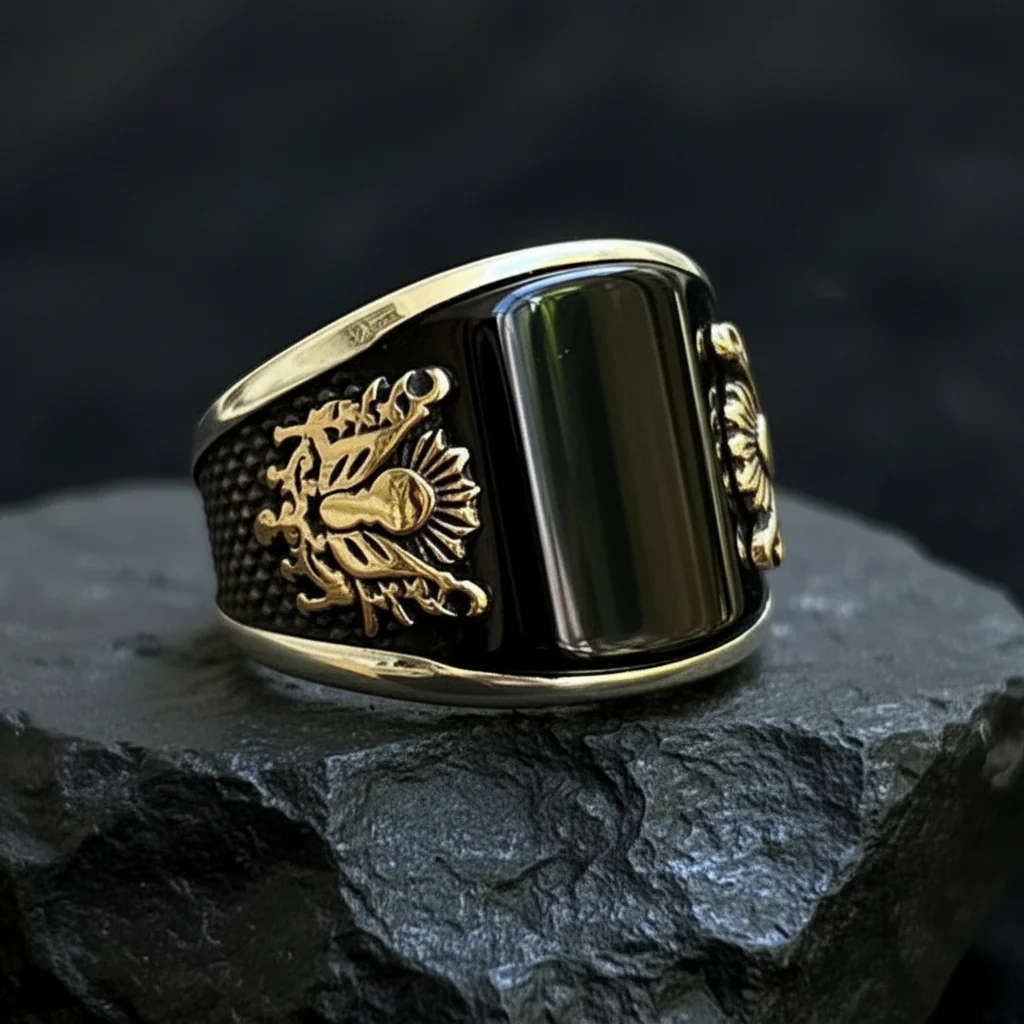 RARE PRINCE by CARAT SUTRA | Unique Designed Turkish Style Curved Ring with Natural Black Onyx | 925 Sterling Silver Ring | Men's Jewelry | With Certificate of Authenticity and 925 Hallmark