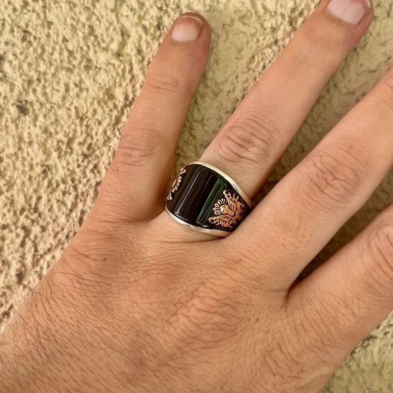 RARE PRINCE by CARAT SUTRA | Unique Designed Turkish Style Curved Ring with Natural Black Onyx | 925 Sterling Silver Ring | Men's Jewelry | With Certificate of Authenticity and 925 Hallmark - Image 2