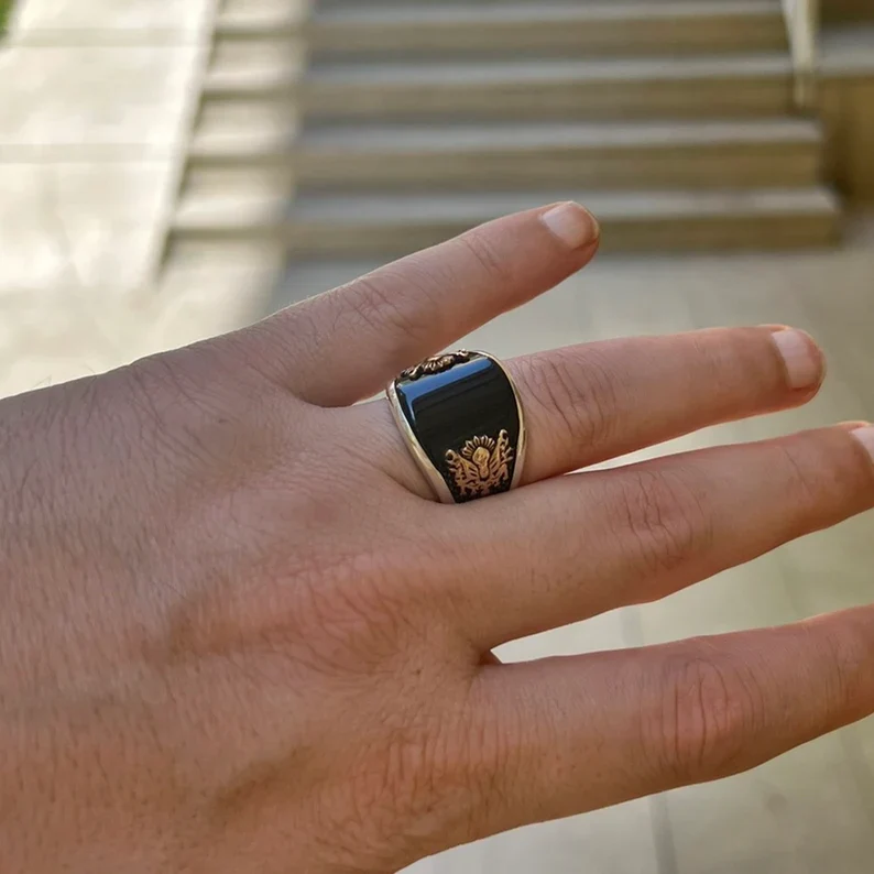 RARE PRINCE by CARAT SUTRA | Unique Designed Turkish Style Curved Ring with Natural Black Onyx | 925 Sterling Silver Ring | Men's Jewelry | With Certificate of Authenticity and 925 Hallmark - Image 4