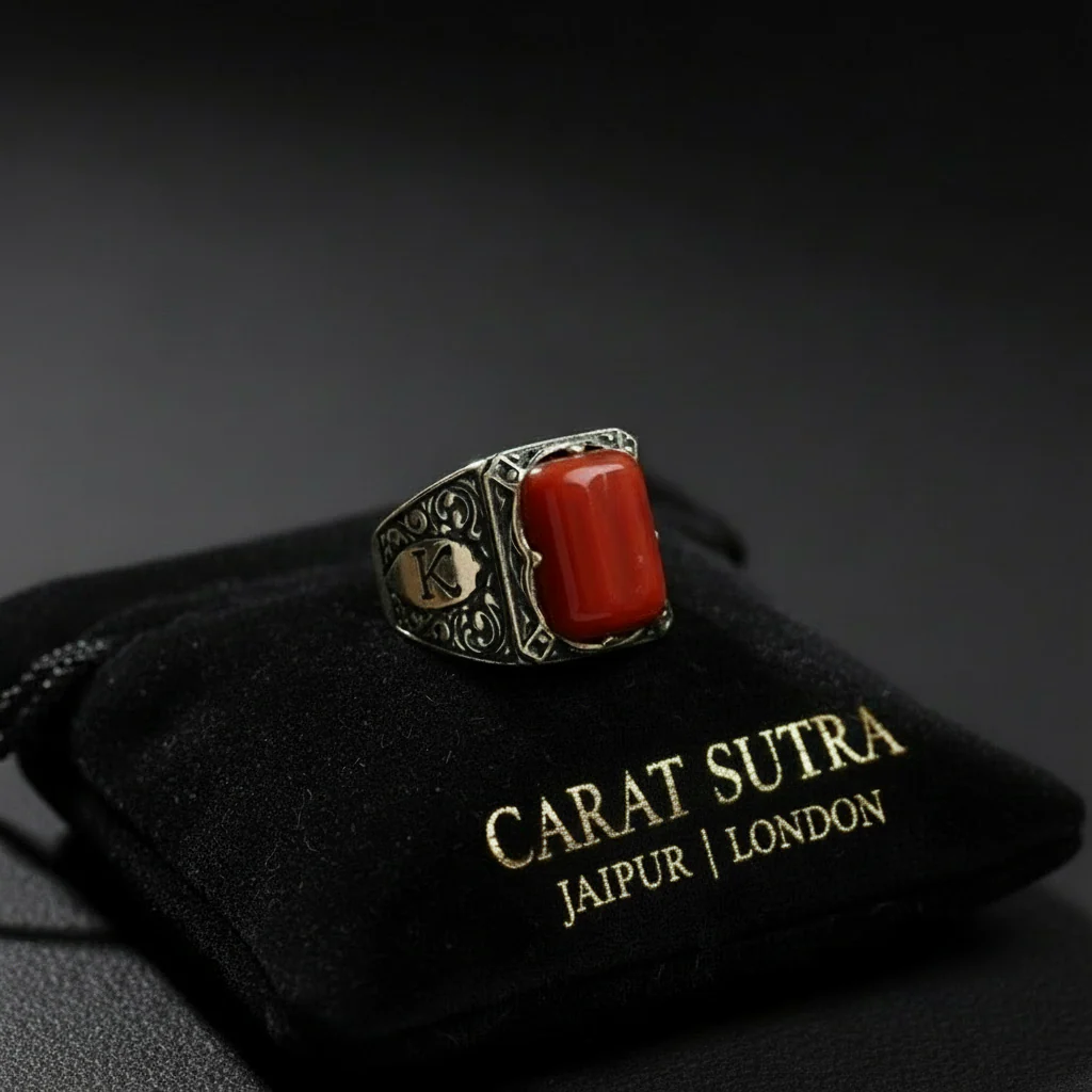 Capsul shaped 10ct Natural Red Coral (Moonga) | 925 Sterling Silver Oxidized Ring with Custom name initials | With Certificate of Authenticity and 925 Hallmark - Image 2