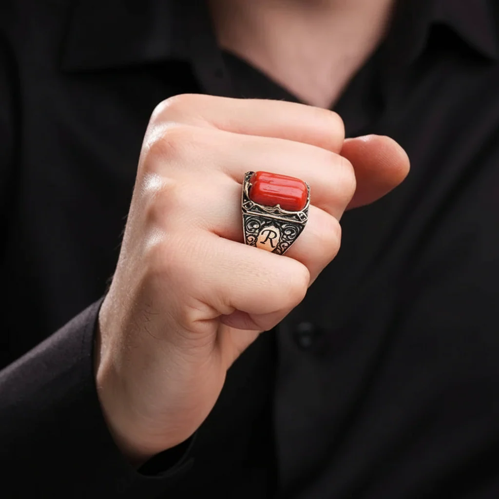 Capsul shaped 10ct Natural Red Coral (Moonga) | 925 Sterling Silver Oxidized Ring with Custom name initials | With Certificate of Authenticity and 925 Hallmark - Image 3
