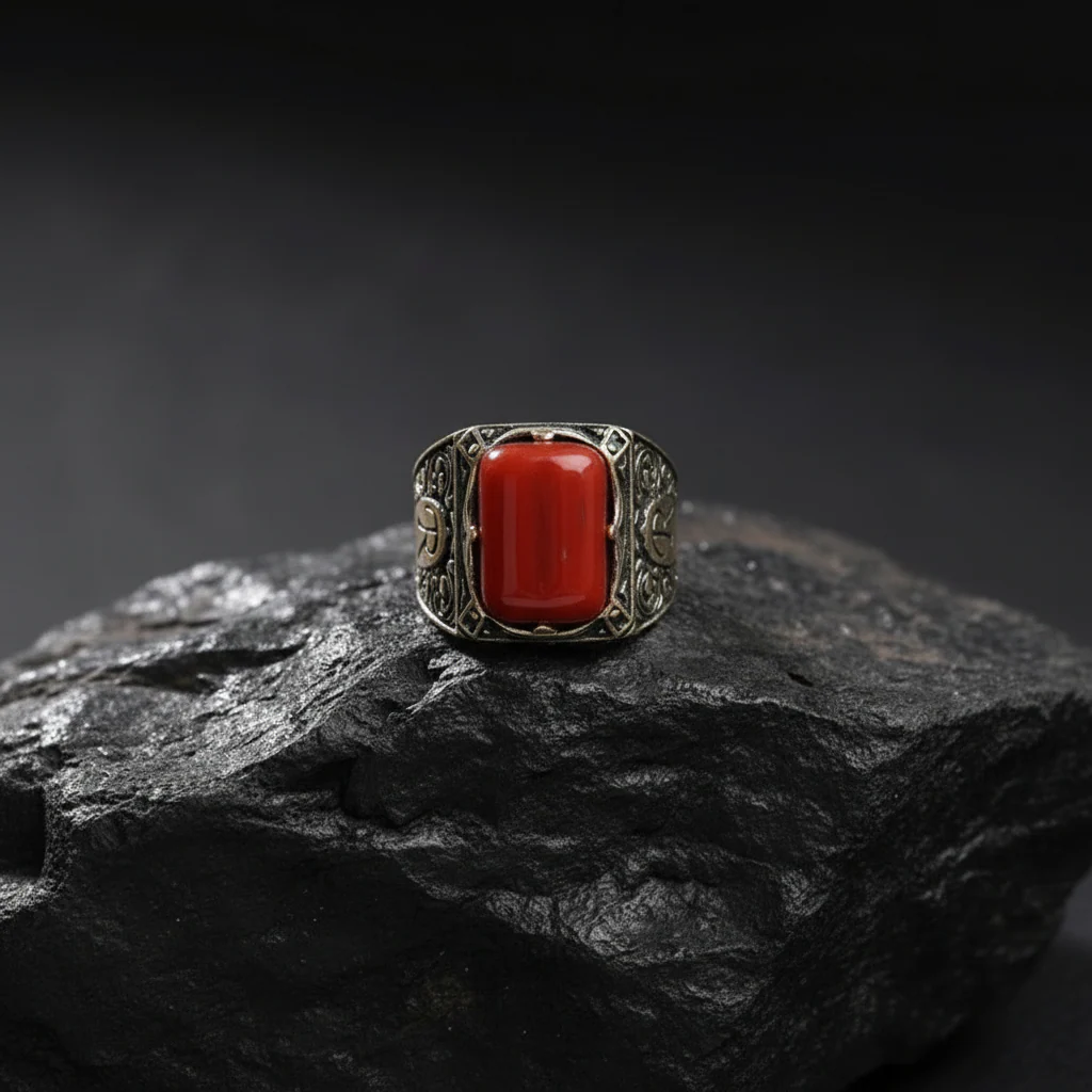 Capsul shaped 10ct Natural Red Coral (Moonga) | 925 Sterling Silver Oxidized Ring with Custom name initials | With Certificate of Authenticity and 925 Hallmark - Image 4