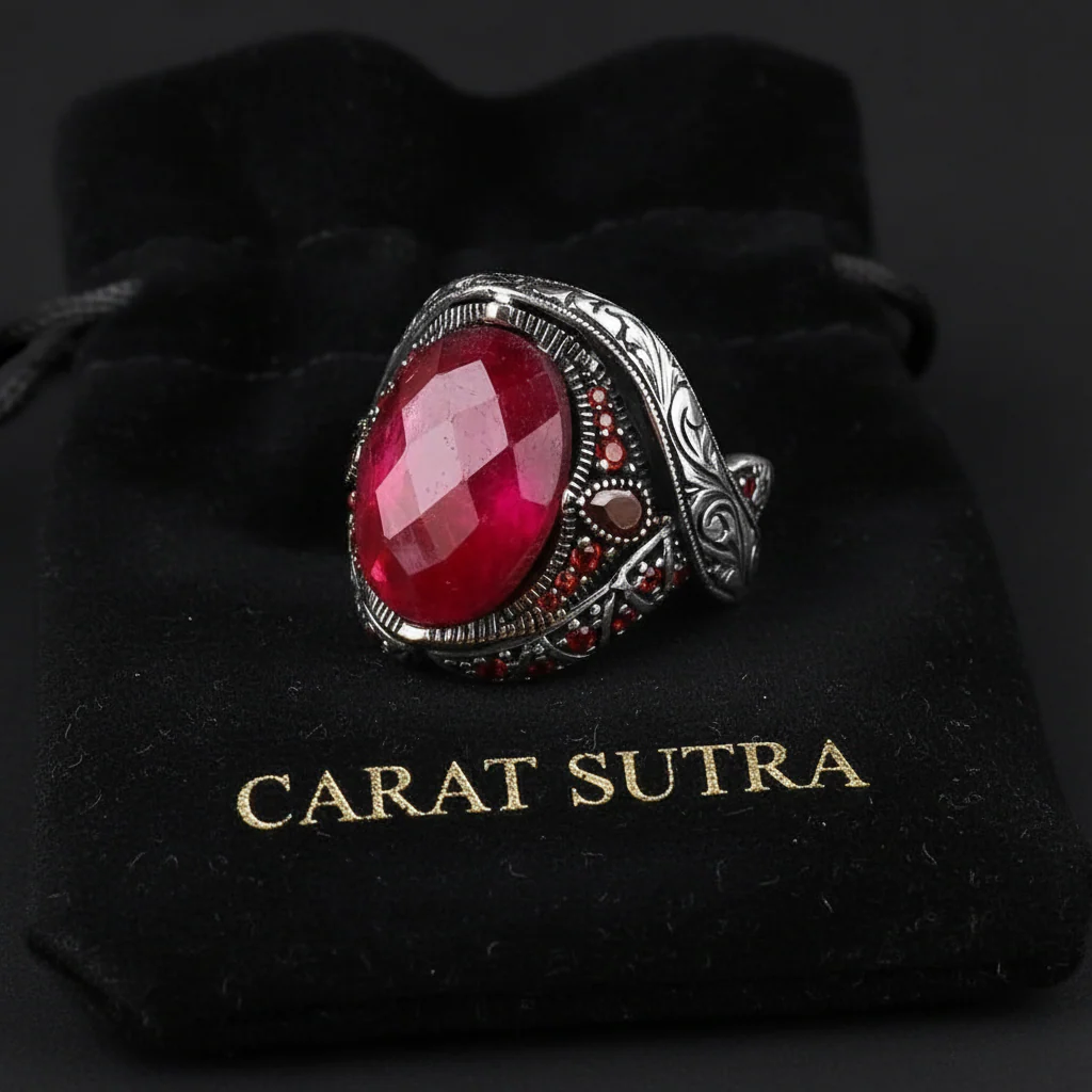 RARE PRINCE by CARAT SUTRA | Unique Designed Turkish Style Heavy Ring with Natural Red Ruby | 22kt Gold Micron Plated 925 Sterling Silver Oxidized Ring | Men's Jewelry | With Certificate of Authenticity and 925 Hallmark - Image 3