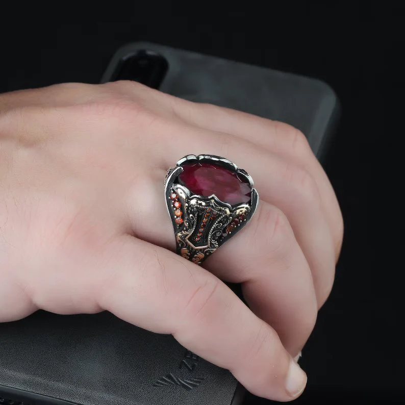 RARE PRINCE by CARAT SUTRA | Unique Designed Turkish Style Heavy Ring with Natural Red Ruby | 22kt Gold Micron Plated 925 Sterling Silver Oxidized Ring | Men's Jewelry | With Certificate of Authenticity and 925 Hallmark - Image 2