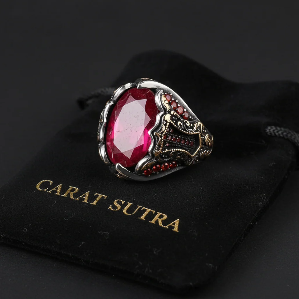 RARE PRINCE by CARAT SUTRA | Unique Designed Turkish Style Heavy Ring with Natural Red Ruby | 22kt Gold Micron Plated 925 Sterling Silver Oxidized Ring | Men's Jewelry | With Certificate of Authenticity and 925 Hallmark - Image 3