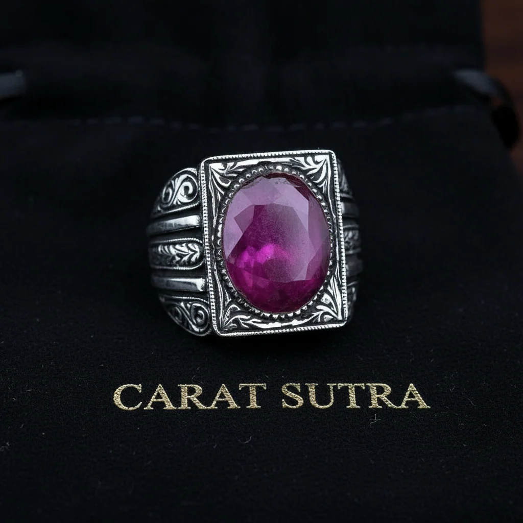 RARE PRINCE by CARAT SUTRA | Unique Designed Turkish Style Heavy Ring with Natural Red Ruby | 22kt Gold Micron Plated 925 Sterling Silver Oxidized Ring | Men's Jewelry | With Certificate of Authenticity and 925 Hallmark - Image 2