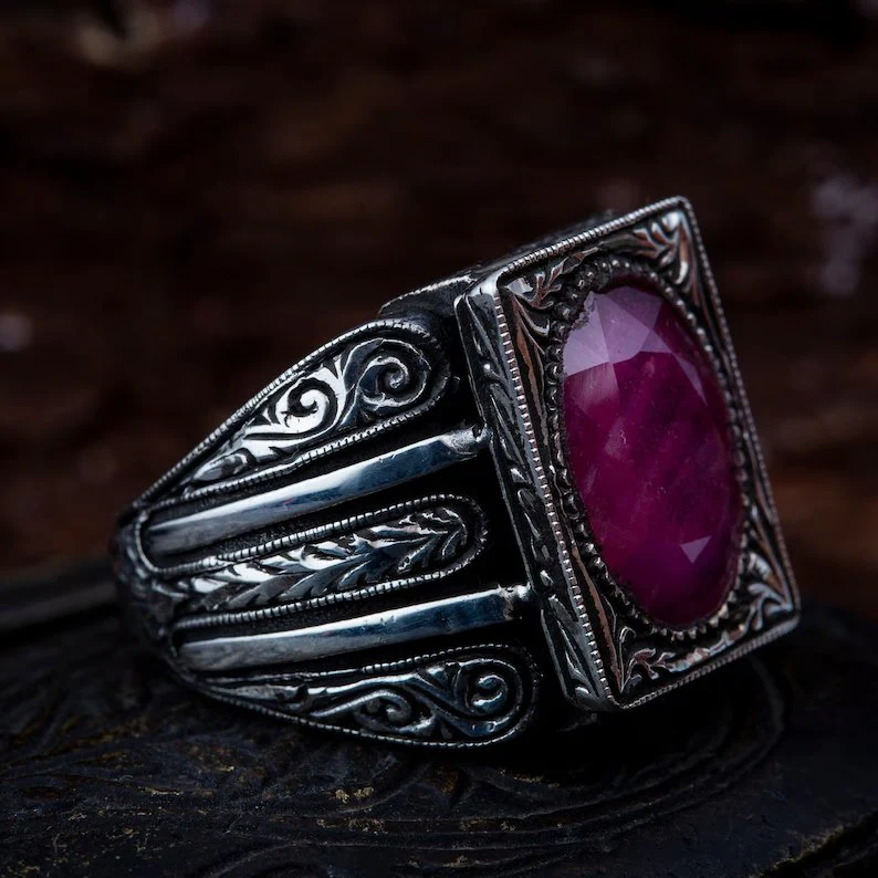 RARE PRINCE by CARAT SUTRA | Unique Designed Turkish Style Heavy Ring with Natural Red Ruby | 22kt Gold Micron Plated 925 Sterling Silver Oxidized Ring | Men's Jewelry | With Certificate of Authenticity and 925 Hallmark - Image 3
