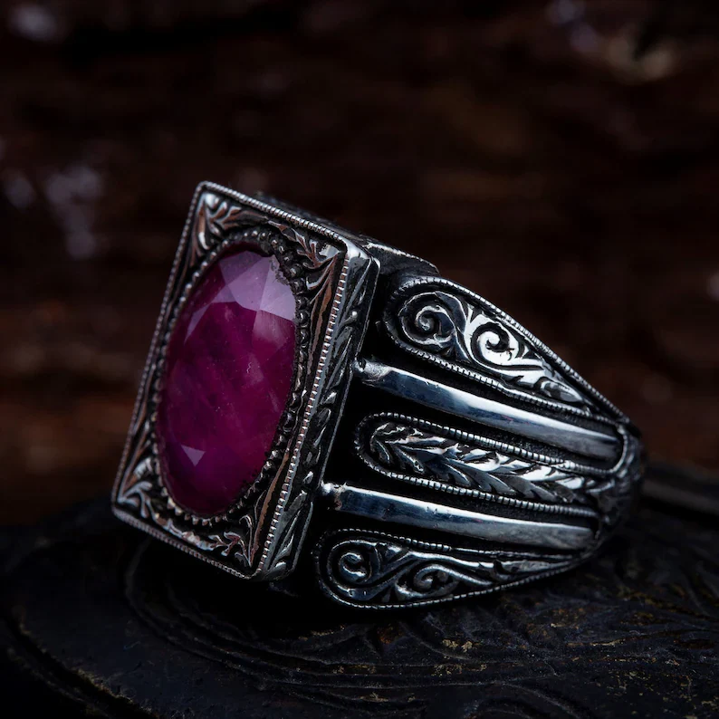 RARE PRINCE by CARAT SUTRA | Unique Designed Turkish Style Heavy Ring with Natural Red Ruby | 22kt Gold Micron Plated 925 Sterling Silver Oxidized Ring | Men's Jewelry | With Certificate of Authenticity and 925 Hallmark - Image 4