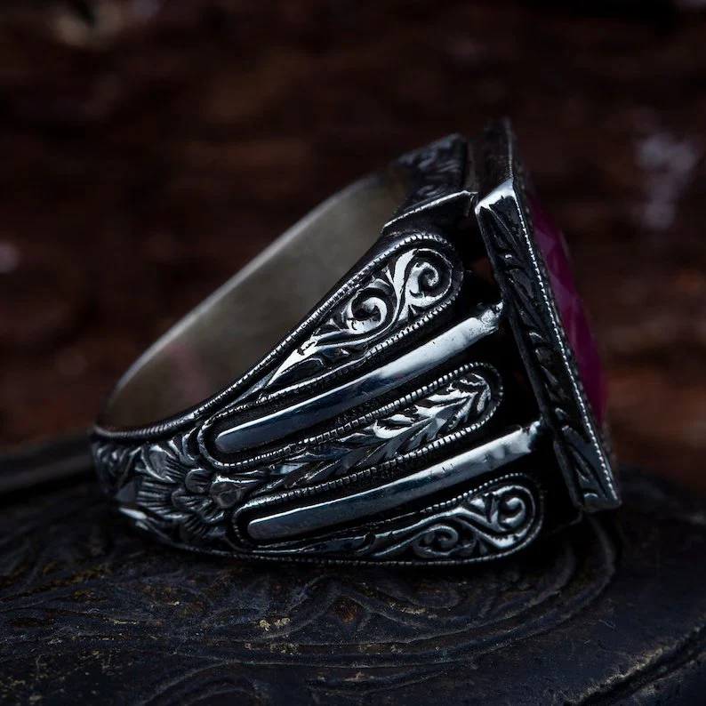 RARE PRINCE by CARAT SUTRA | Unique Designed Turkish Style Heavy Ring with Natural Red Ruby | 22kt Gold Micron Plated 925 Sterling Silver Oxidized Ring | Men's Jewelry | With Certificate of Authenticity and 925 Hallmark - Image 5