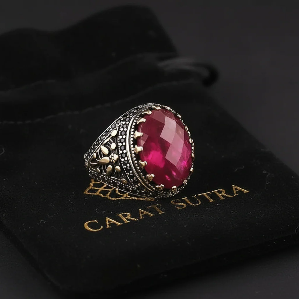 RARE PRINCE by CARAT SUTRA | Unique Designed Turkish Style Heavy Ring with Natural Red Ruby | 22kt Gold Micron Plated 925 Sterling Silver Oxidized Ring | Men's Jewelry | With Certificate of Authenticity and 925 Hallmark - Image 3