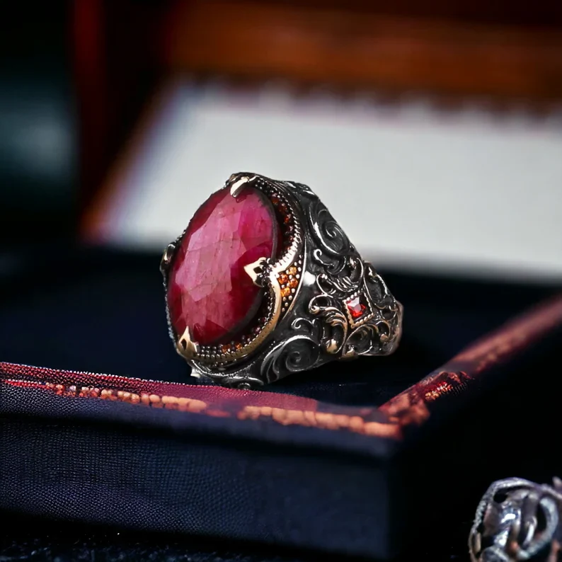 RARE PRINCE by CARAT SUTRA | Unique Designed Turkish Style Heavy Ring with Natural Red Ruby | 22kt Gold Micron Plated 925 Sterling Silver Oxidized Ring | Men's Jewelry | With Certificate of Authenticity and 925 Hallmark - Image 2