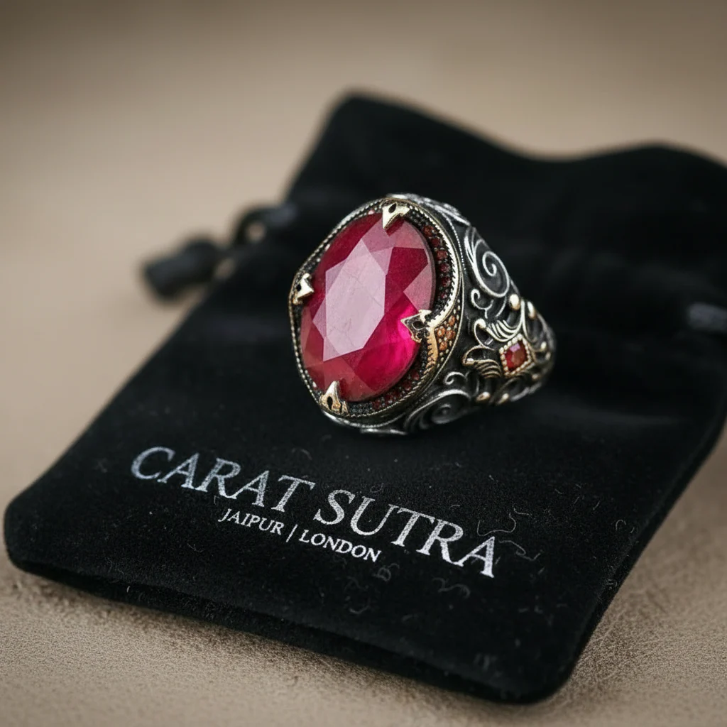 RARE PRINCE by CARAT SUTRA | Unique Designed Turkish Style Heavy Ring with Natural Red Ruby | 22kt Gold Micron Plated 925 Sterling Silver Oxidized Ring | Men's Jewelry | With Certificate of Authenticity and 925 Hallmark - Image 3