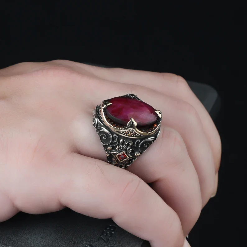 RARE PRINCE by CARAT SUTRA | Unique Designed Turkish Style Heavy Ring with Natural Red Ruby | 22kt Gold Micron Plated 925 Sterling Silver Oxidized Ring | Men's Jewelry | With Certificate of Authenticity and 925 Hallmark - Image 4