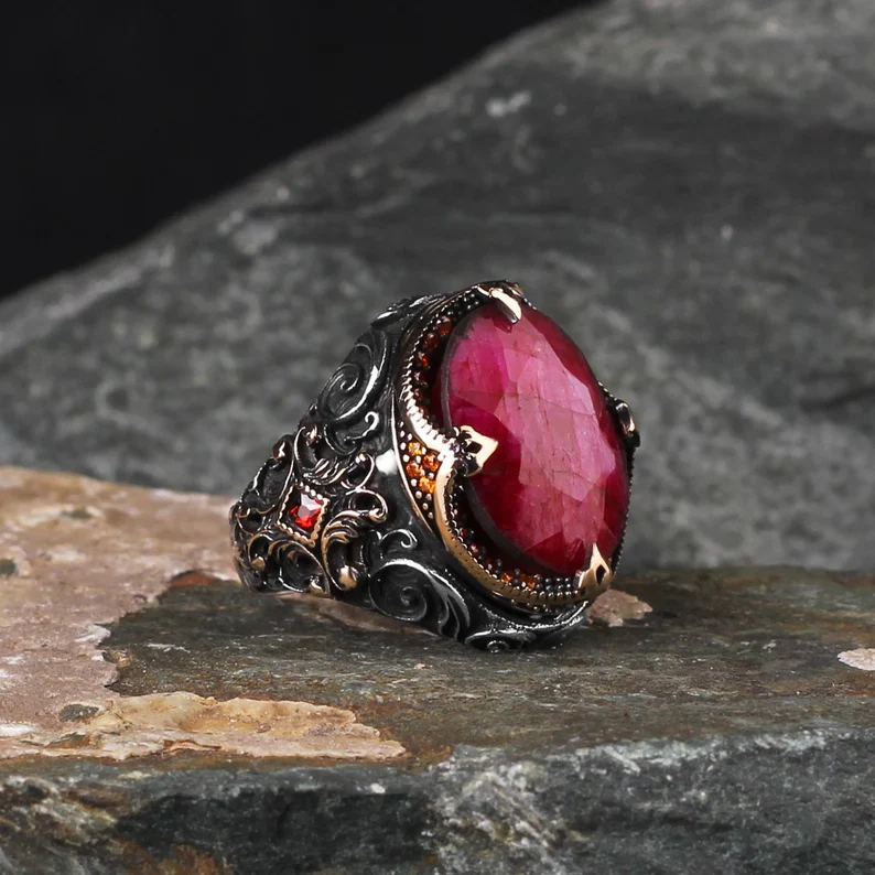 RARE PRINCE by CARAT SUTRA | Unique Designed Turkish Style Heavy Ring with Natural Red Ruby | 22kt Gold Micron Plated 925 Sterling Silver Oxidized Ring | Men's Jewelry | With Certificate of Authenticity and 925 Hallmark - Image 5