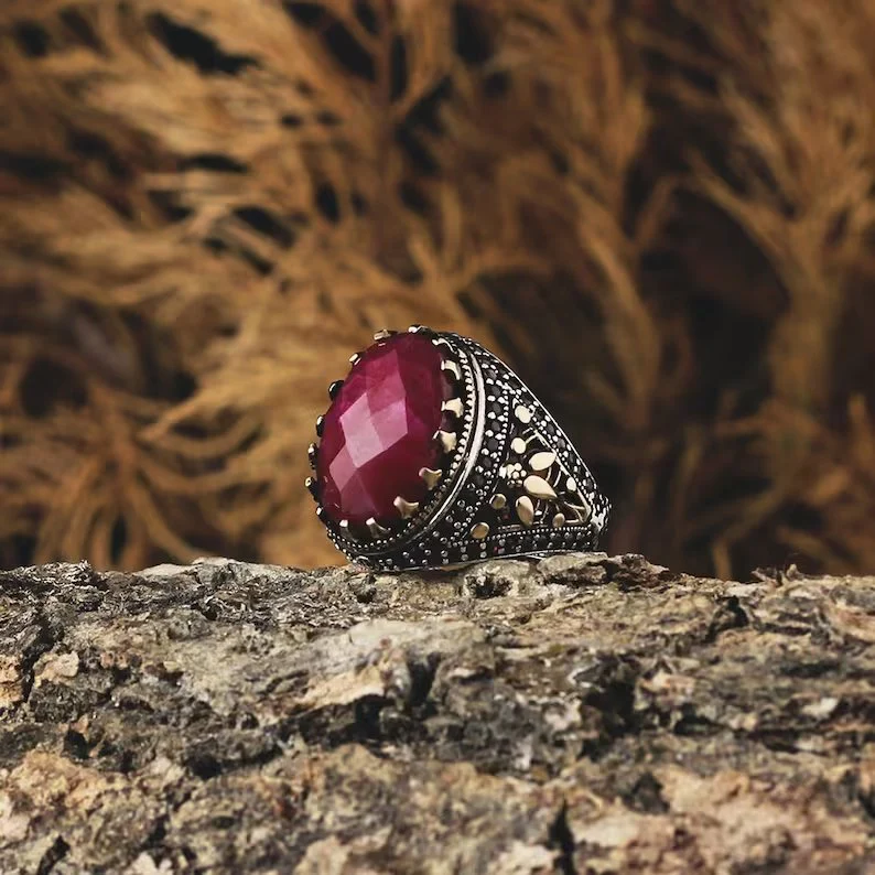 RARE PRINCE by CARAT SUTRA | Unique Designed Turkish Style Heavy Ring with Natural Red Ruby | 22kt Gold Micron Plated 925 Sterling Silver Oxidized Ring | Men's Jewelry | With Certificate of Authenticity and 925 Hallmark - Image 4