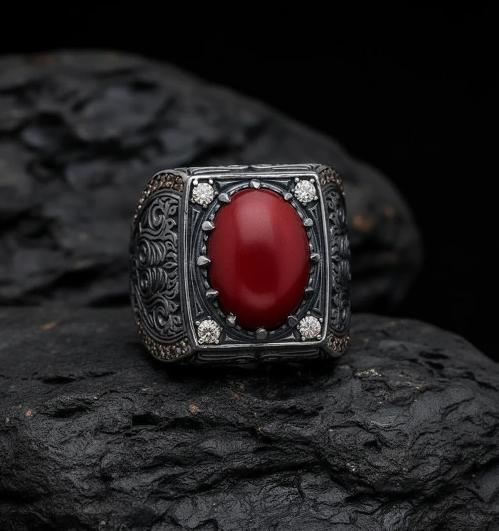 RARE PRINCE by CARAT SUTRA | Unique Designed Turkish Style Heavy Ring with Natural Red Coral | 925 Sterling Silver Oxidized Ring | Men's Jewelry | With Certificate of Authenticity and 925 Hallmark