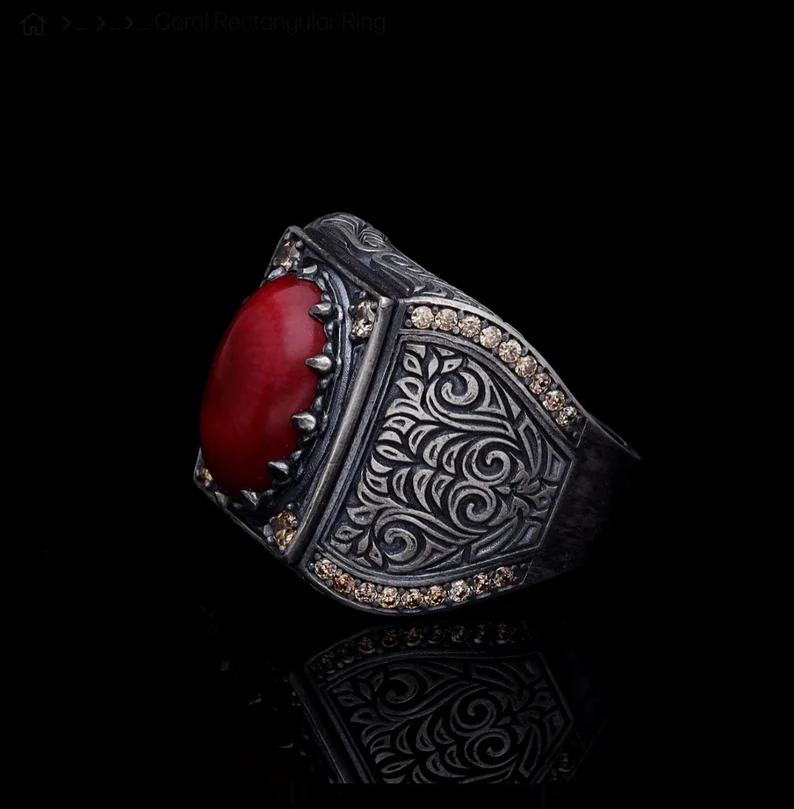 RARE PRINCE by CARAT SUTRA | Unique Designed Turkish Style Heavy Ring with Natural Red Coral | 925 Sterling Silver Oxidized Ring | Men's Jewelry | With Certificate of Authenticity and 925 Hallmark - Image 2