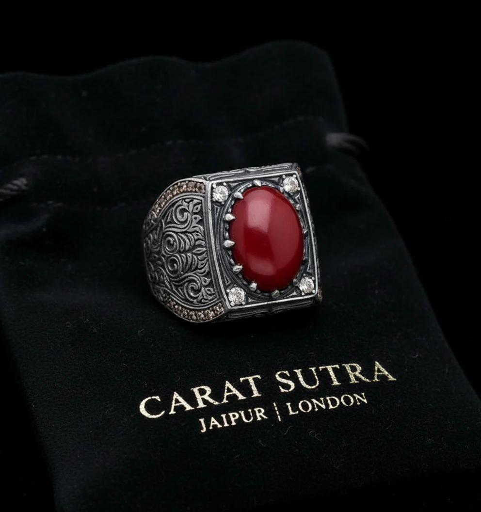 RARE PRINCE by CARAT SUTRA | Unique Designed Turkish Style Heavy Ring with Natural Red Coral | 925 Sterling Silver Oxidized Ring | Men's Jewelry | With Certificate of Authenticity and 925 Hallmark - Image 3