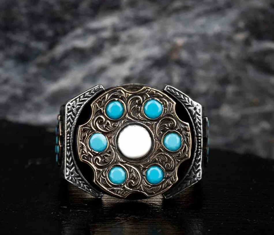 RARE PRINCE by CARAT SUTRA | Unique Designed Turkish Style Ring with 6 Stone Turquoise Ring | 925 Sterling Silver Oxidized Ring | Men's Jewelry | With Certificate of Authenticity and 925 Hallmark - Image 2
